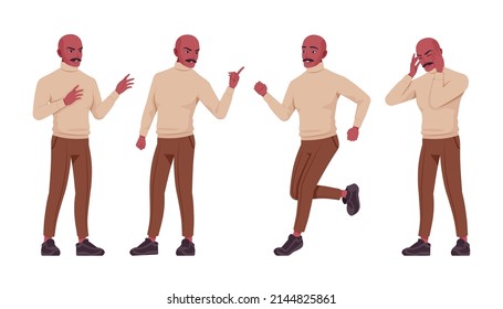 Handsome man set, spanish bold Latin American negative emotions. Office worker, businessman, male employee, formal wear. Vector flat style cartoon character isolated, white background, different poses