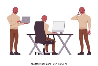 Handsome man set, spanish bold Latin American busy with gadgets. Office worker, businessman, male employee, formal wear. Vector flat style cartoon character isolated, white background, different poses
