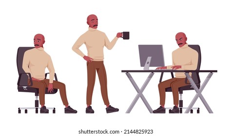 Handsome man set, spanish bold Latin American busy clerk. Office worker, businessman, male employee in formal wear. Vector flat style cartoon character isolated on white background, different poses