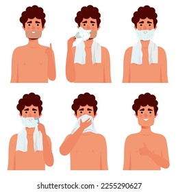The handsome man shaved, cleansed and treated his face with various actions. Vector illustration set isolated on a white background. Cartoon style