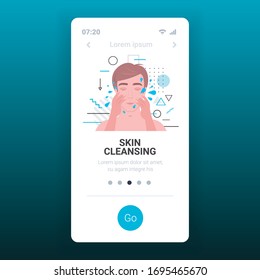 gut aussehender Mann mit Schaumhaut-Pflegekonzept Smartphone-Bildschirm auf der mobilen App-Kopienraum-Porträtbild-Vektorillustration
