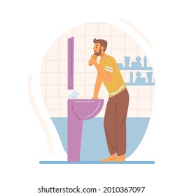 Handsome man shaving his beard with shaver in front of mirror, flat vector illustration isolated on white background. Daily morning routine hygiene procedure.