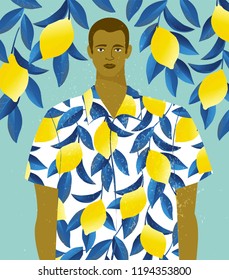 Handsome man in a shirt with lemons print on a lemon tree background.