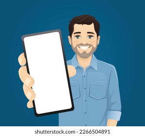 Handsome man showing blank phone screen on blue background vector illustration 