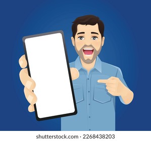 Handsome man showing pointing to the blank phone screen vector illustration on blue background