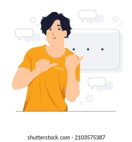 Handsome man showing and pointing fingers upper left corner with happy expression advices use this copy space wisely concept illustration