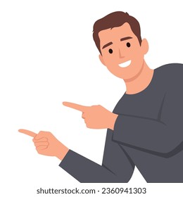 Handsome man showing and pointing fingers at wall and upper left corner with happy expression advices use this copy space. Flat vector illustration isolated on white background