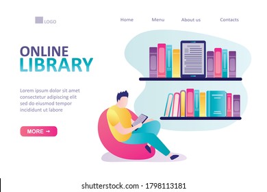 Handsome man sitting at chair and reading e-book. Online library landing page template. Concept of electronic books and e-learning. Shelves with books, bookstore. Trendy flat vector illustration