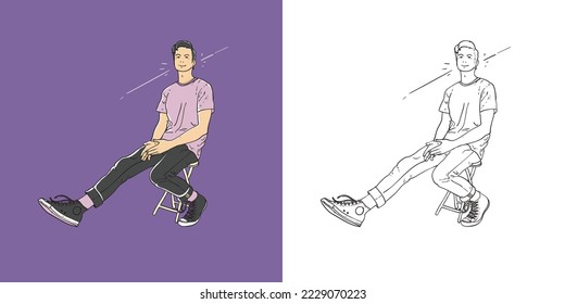 Handsome man sitting on the small chair with good pose on purple background vector line art modern illustrations