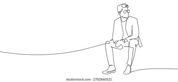 Hombre guapo sentado, una línea continua en Ilustración vectorial de estilo lineal simple en estilo doodle.
