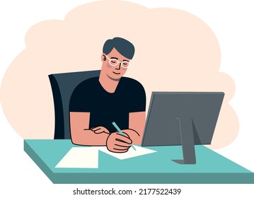 Handsome man sitting and working near computer and making notes. Vector flat modern minimalist illustration
