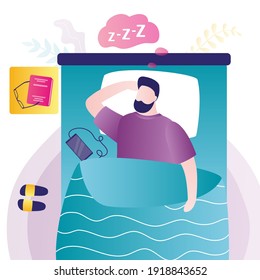 Handsome man is sleeping on a bed. Top view. Bedroom interior with furniture. Young adult is resting at night. Bedtime, banner. Flat vector illustration