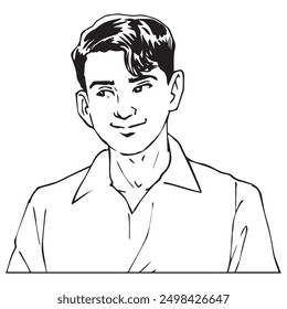 A handsome man is smiling and glancing at. Illustration in black and white and vector format.