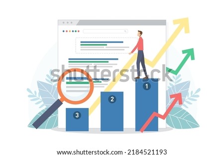 Handsome man stand on SEO top ranking dock. Change SEO ranking position. Search screen with magnifier. Vector illustration flat style. SEO, Search Engine Optimization, Top ranking Concept.