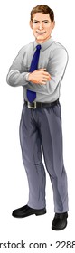 A handsome man standing with arms folded wearing a shirt and tie
