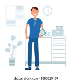 Handsome man is standing with a clipboard in his hands. Doctor with badge is working in the hospital. Male character stands with folder. Hospital worker spends time in the medical institution