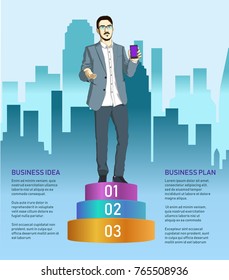 Handsome man standing on 123 podium stage of winners. Businessman with smartphone in hand