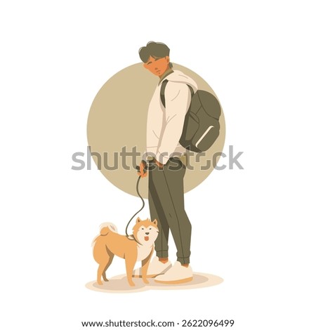 handsome man standing in stylish outfits with his dog illustration