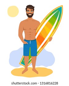 Handsome man standing with surfboard. Muscled surfer on a sandy beach. Cartoon character isolated on white background. Vector illustration. Flat style.