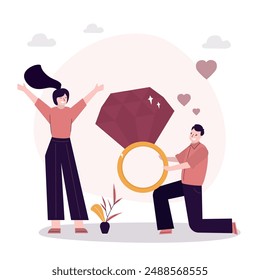 Handsome man stands on one knee and proposing marriage giving engagement diamond ring to beautiful surprised woman. Man gives girl gold wedding ring with brilliant. Lovers, dating. vector illustration