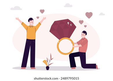 Handsome man stands on one knee and proposing marriage giving engagement diamond ring to surprised boyfriend. Man gives friend gold wedding ring with brilliant. Two gays, LGBT. vector illustration