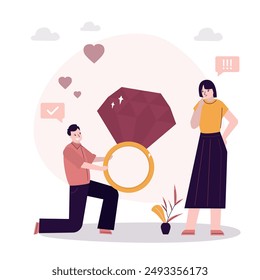 Handsome man stands on one knee and proposing marriage giving engagement diamond ring to beautiful surprised woman. Man gives girl gold wedding ring with brilliant. Lovers, dating. vector illustration