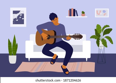 Un hombre guapo que se queda en casa y toca la guitarra. Hombre sentado en un sofá en la sala de estar aprendiendo a tocar instrumentos musicales. Relájate, hobby musical, tiempo de descanso, emoción positiva. Ilustración del vector