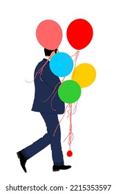 Handsome Man In Suit With Balloons Vector Illustration Isolated On White Background. Father Animator On Children's Birthday.  Groom On Wedding Celebration Event. Boy On Date Waiting Girl With Gift