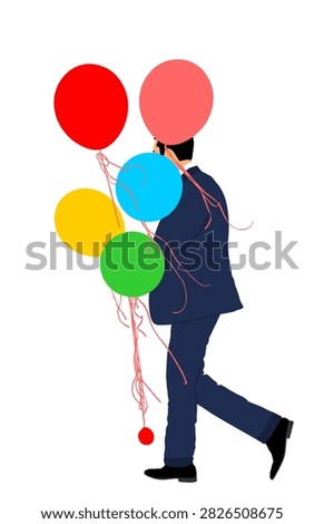Handsome man in suit with balloons vector illustration isolated on white background. Father animator on children's birthday.  Groom on wedding celebration event. Boy on date waiting girl with gift