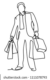 Handsome man in suit with shopping bags. Continuous line drawing. Isolated on the white background. Vector monochrome, drawing by lines