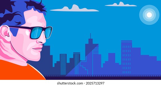 Handsome man in sunglasses against the backdrop of skyscrapers. Vector illustration.