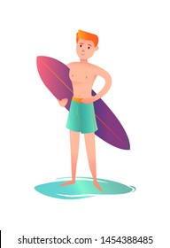 Сharacter handsome man with surfboard. Element for print, poster, game, flyer, site design or other design project. Vector illustration.