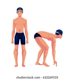 Handsome man, swimmer in swimming suit, cap, in standing and starting positions, cartoon vector illustration isolated on white background. Man, male swimmer in swimming suit