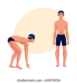 Handsome man, swimmer in swimming suit, cap, in standing and starting positions, cartoon vector illustration with place for text. Man, male swimmer in swimming suit