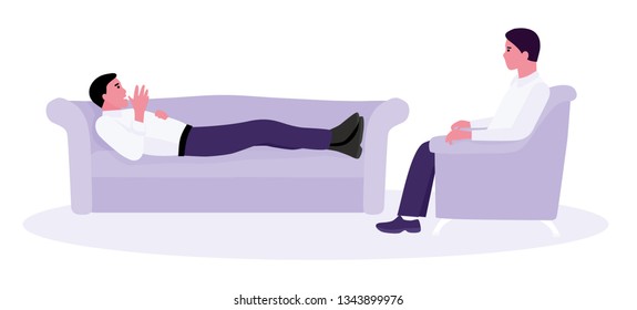 Handsome man talking to the psychologist, on a white background. Vector illustration in a flat cartoon style