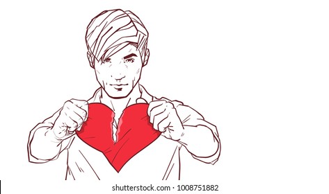 Handsome Man Tearing Red Heart Shape Apart Heartbroken Sketch On White Background Relationship Divorce And Betrayal Concept Vector Illustration