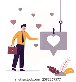 Handsome man was tricked by internet criminals, by making his fall in love. Speech bubble icon with heart hanging on fishhook, bait, dangerous manipulation in relationships, online dating. flat vector