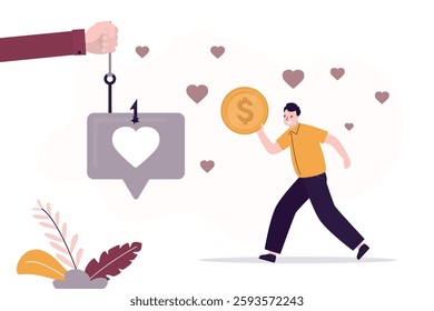 Handsome man was tricked by internet criminals, by making his fall in love and take money. Speech bubble with heart hanging on fishhook, bait, dangerous manipulation in relationships, online dating.