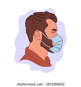 handsome man USA wearing blue masks with Browen T-shirt looking forward confidently, with line art concepts and a touch of pale colors