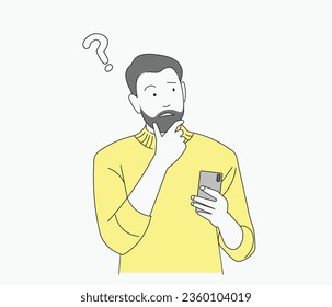 Handsome Man Use Smart Phone Hand Touch Chin Think Dream Look Empty Space Vector Image Illustration Material, Thoughtful Man Vector Illustration 