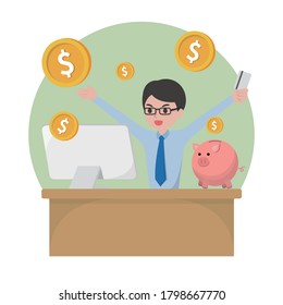 Handsome man using computer to make money, financial business office vector design cartoon illustration