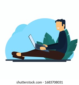 Handsome man using laptop. Home working, Online shopping. Freelance, e-learning concept. Flat vector illustration