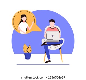 A handsome man using laptop for video call with his girl friend or colleague. Friends talking online. Online education and e-learning concept. Modern vector illustration.