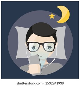 a handsome man using mobile and listening music before bedtime