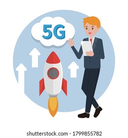 Handsome man using tablet phone, wireless internet 5G, financial business office vector design cartoon illustration