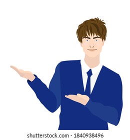 Handsome man vector portrait. Flat illustration of an attractive young man in a blue suit and tie who points with both hands to the right of him