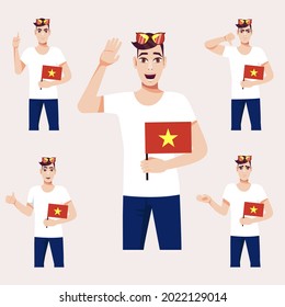 A handsome man with the Vietnamese flag. A set of fan emotions. Vector illustration on cartoon style.