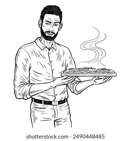 A handsome man waiter with an appetizing hot pizza in his hands. Cafe and restaurant. Food and snacks. Vector art illustration. Black and white sketch. Hand drawn style outline