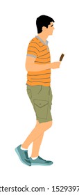 Handsome man walking with ice cream vector illustration. Summer boy eat sweet candy. After work time for dessert. Happy man in t shirt and shorts enjoy outdoor. Sweet desert for tired tourist traveler