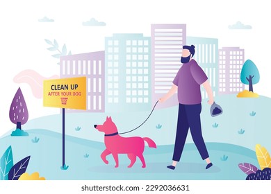 Hombre guapo caminando con mascota en el parque. El personaje masculino mantiene al perro con correa. El perro sale durante el paseo. Recogiendo excremento en una bolsa especial. El tipo limpiando después de la perrera, la pancarta... limpia a tu perro.